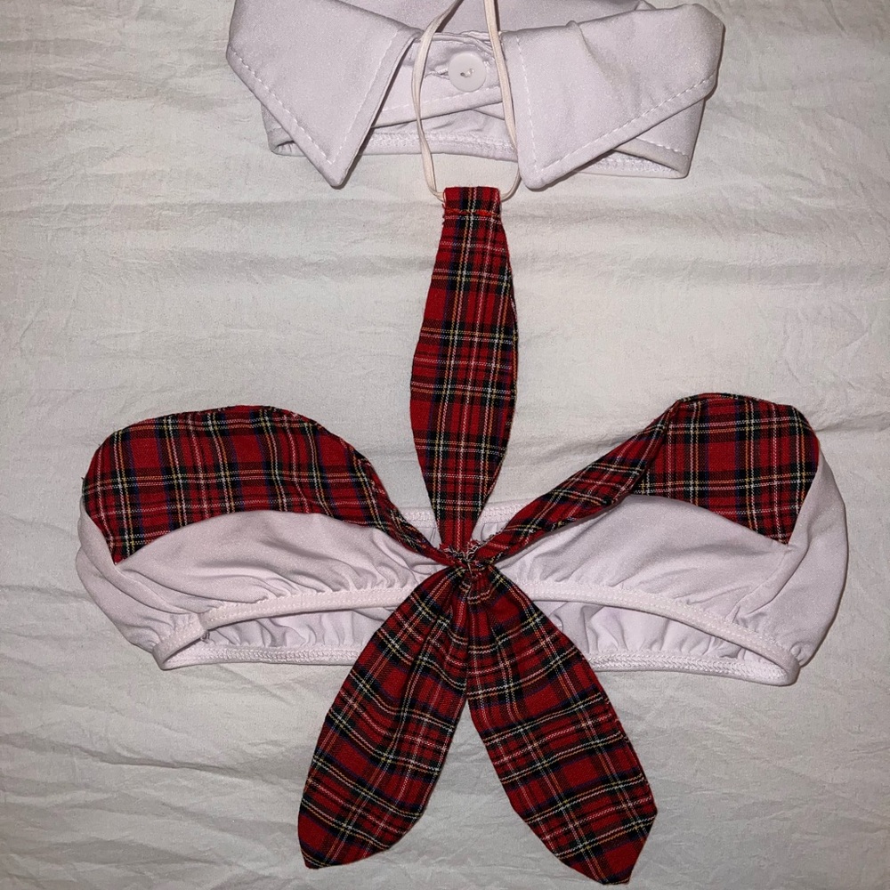 School Girl Costume Cosplay Red Plaid Tie and White Collar Set